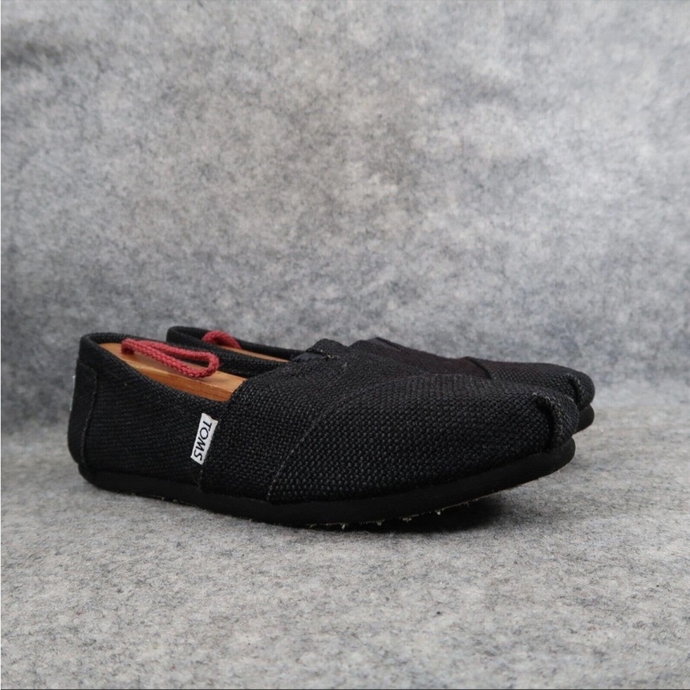 Toms Shoes Womens 8.5 Classic Slip On Flats Loafer Black Woven Boho Casual Comfy